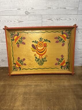 Vintage Folk Art Handmade Hand Painted Wooden Serving Tray